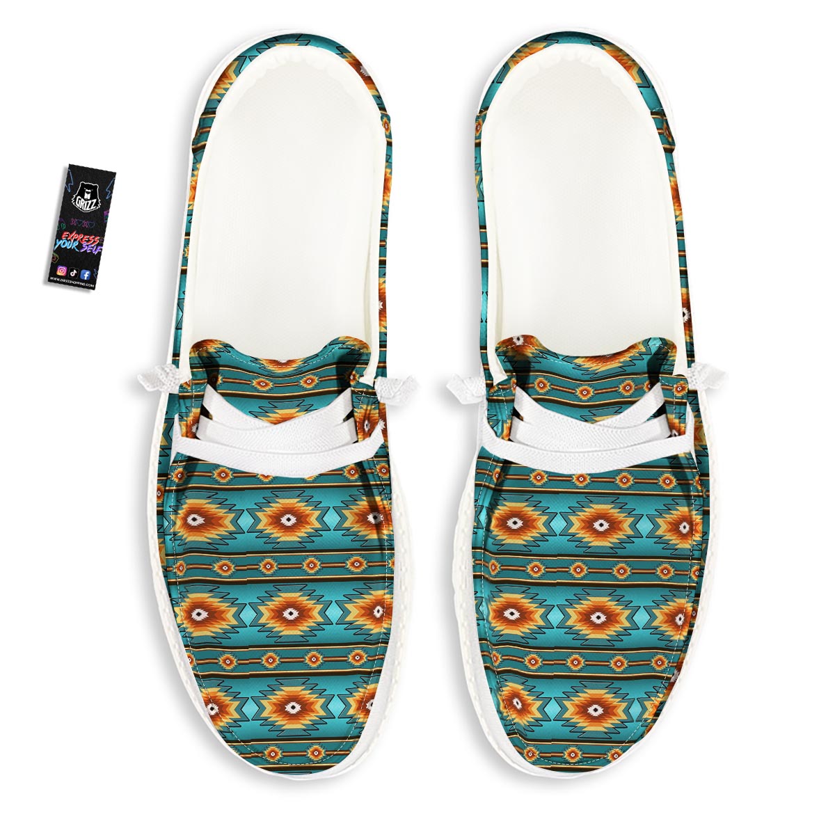 Navajo Teal Southwestern Print Pattern White Loafers-grizzshop