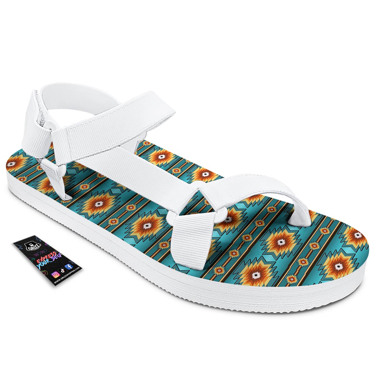 Navajo Teal Southwestern Print Pattern White Open Toe Sandals-grizzshop
