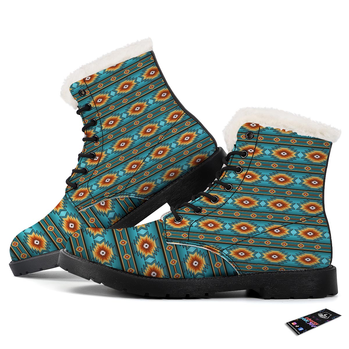 Navajo Teal Southwestern Print Pattern Winter Boots-grizzshop