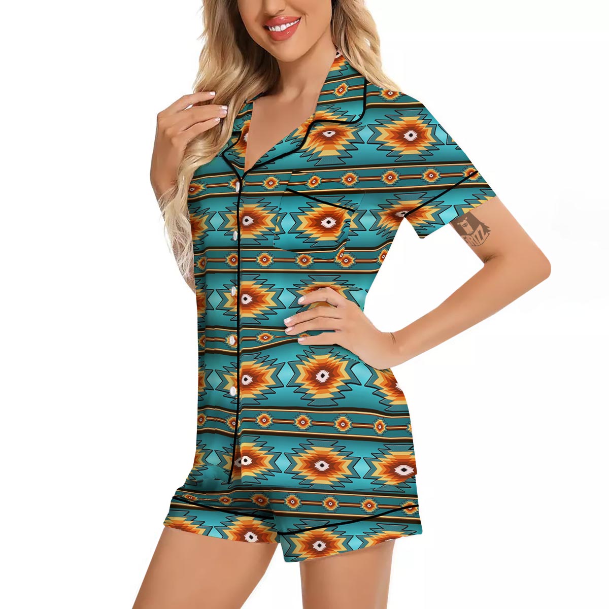 Navajo Teal Southwestern Print Pattern Women Silk Pajamas-grizzshop