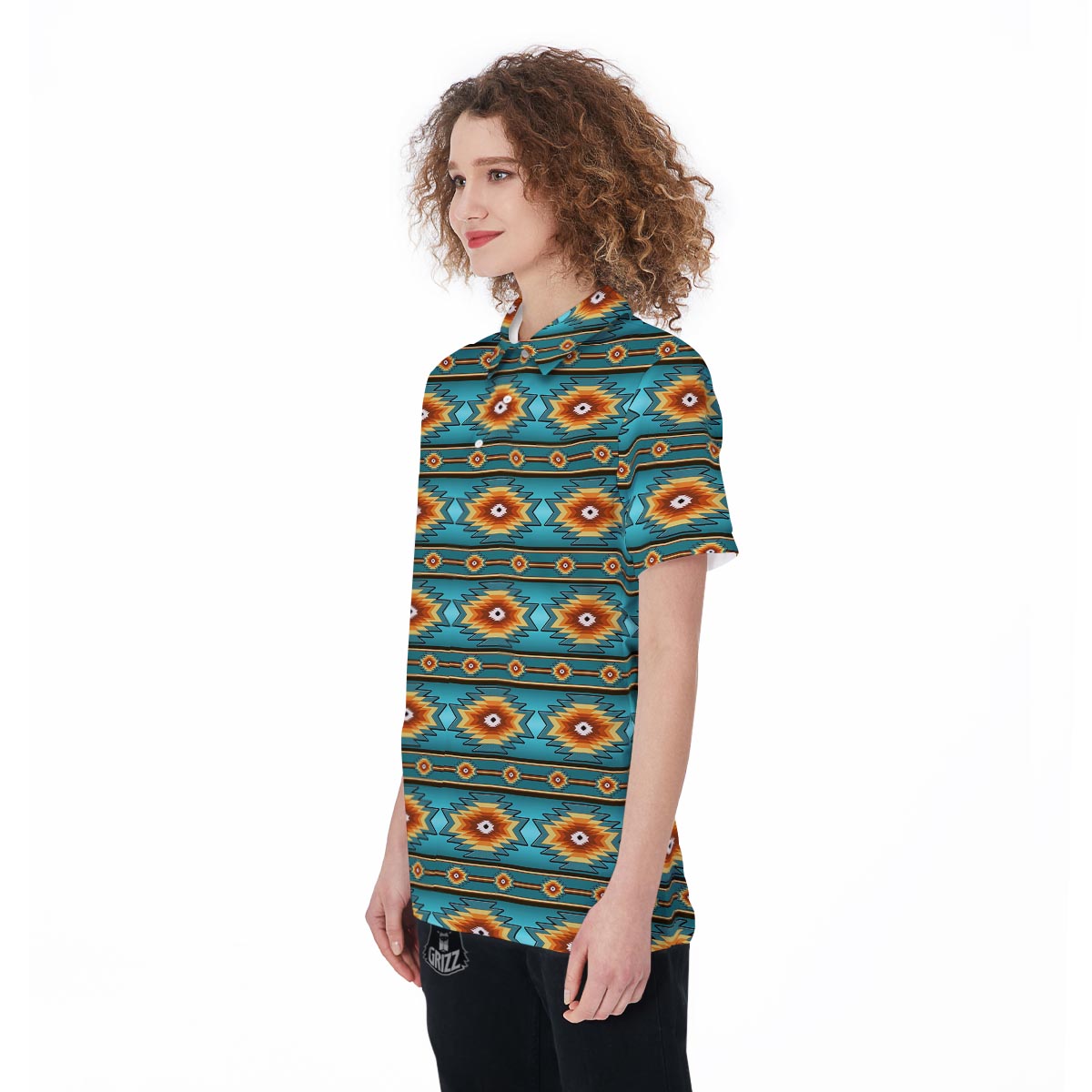 Navajo Teal Southwestern Print Pattern Women's Golf Shirts-grizzshop