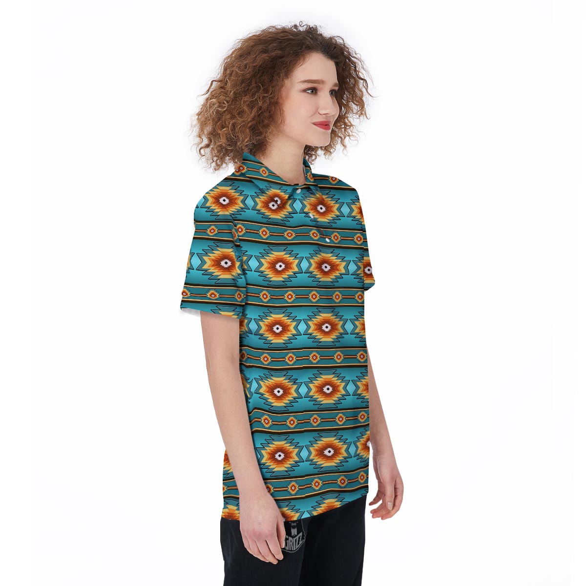 Navajo Teal Southwestern Print Pattern Women's Golf Shirts-grizzshop