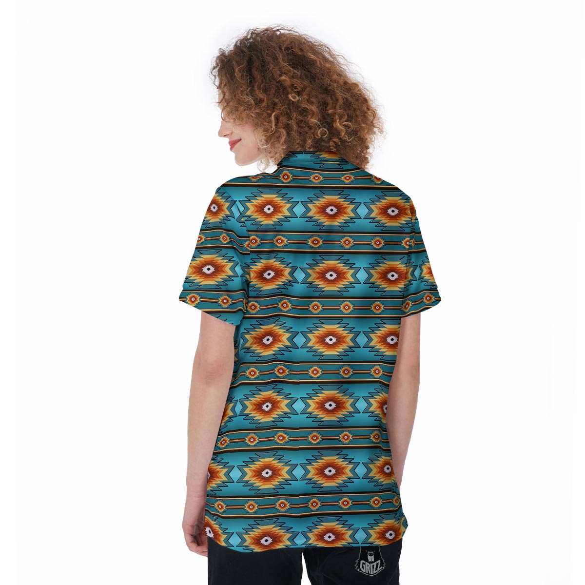 Navajo Teal Southwestern Print Pattern Women's Golf Shirts-grizzshop