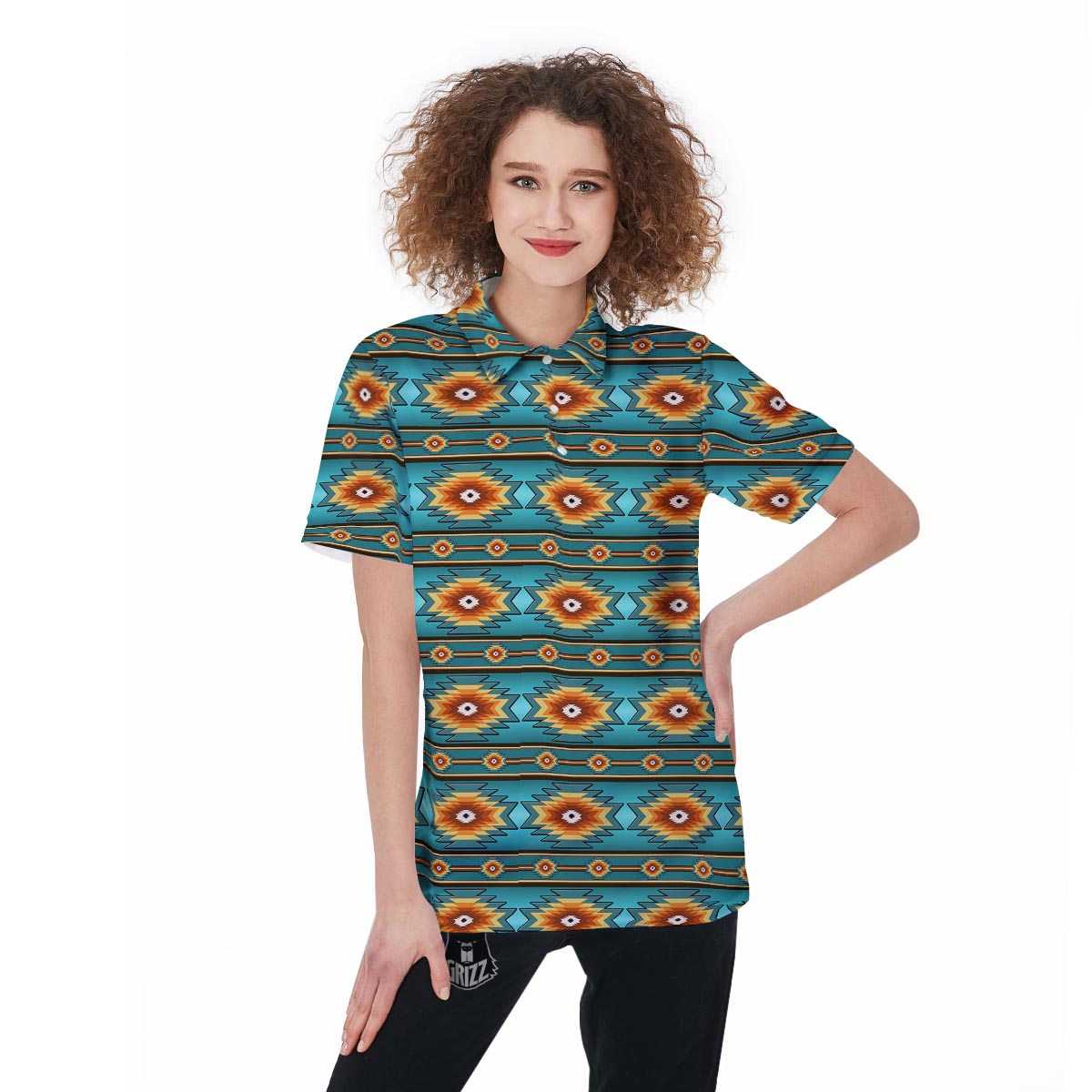 Navajo Teal Southwestern Print Pattern Women's Golf Shirts-grizzshop