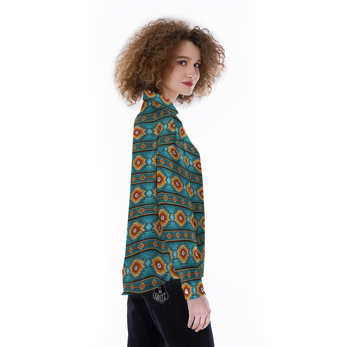 Navajo Teal Southwestern Print Pattern Women's Long Sleeve Shirts-grizzshop