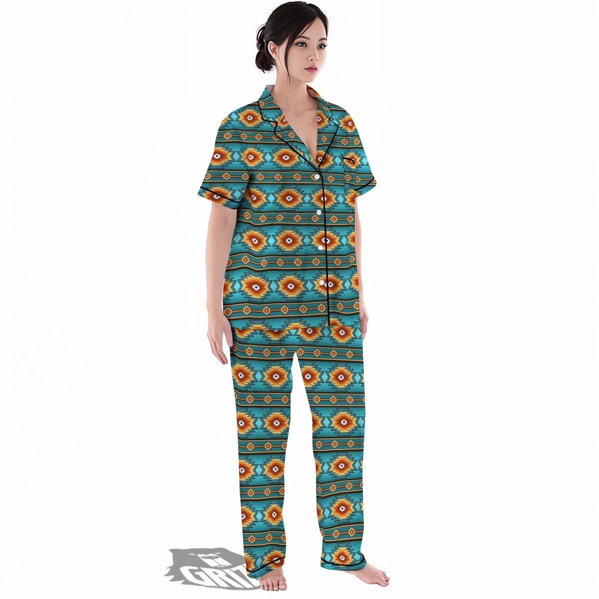 Navajo Teal Southwestern Print Pattern Women's Pajamas Set-grizzshop
