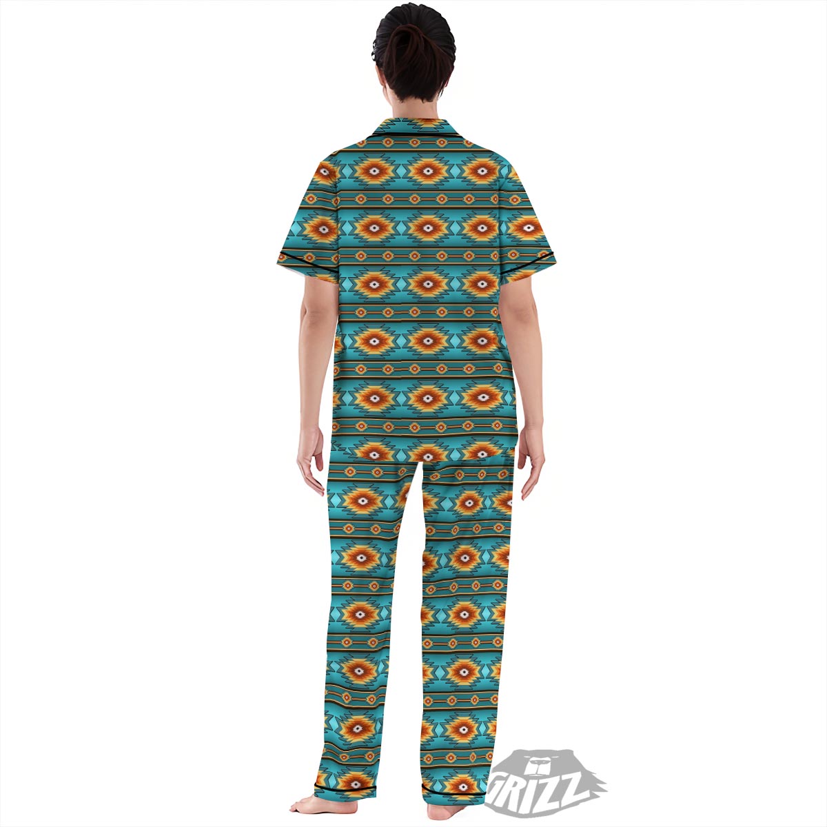 Navajo Teal Southwestern Print Pattern Women's Pajamas Set-grizzshop