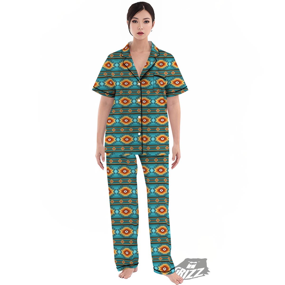 Navajo Teal Southwestern Print Pattern Women's Pajamas Set-grizzshop