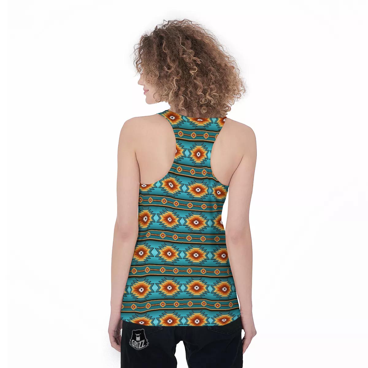 Navajo Teal Southwestern Print Pattern Women's Racerback Tank Top-grizzshop
