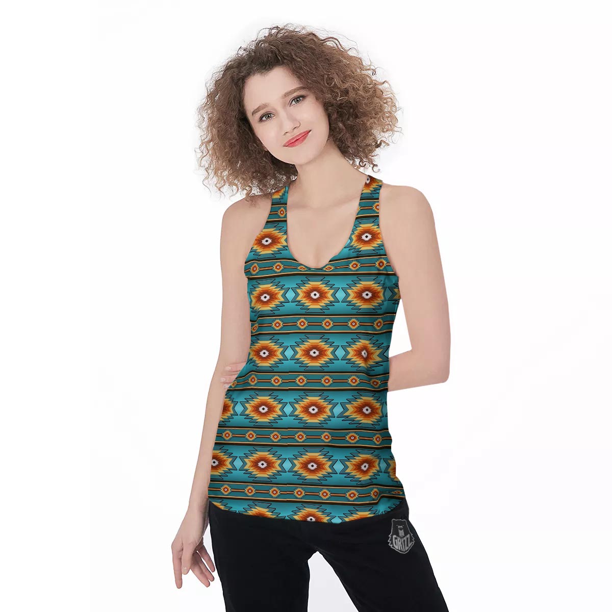 Navajo Teal Southwestern Print Pattern Women's Racerback Tank Top-grizzshop