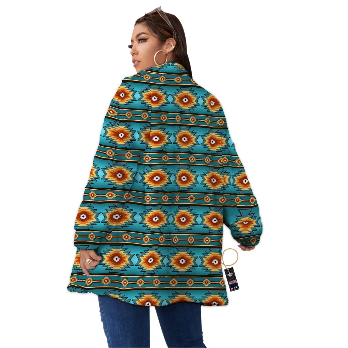 Navajo Teal Southwestern Print Pattern Women's Sherpa Jacket-grizzshop
