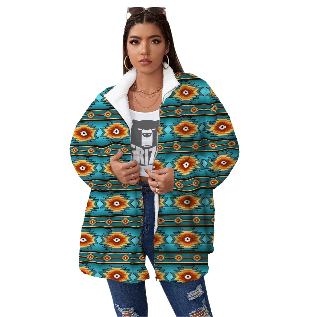 Navajo Teal Southwestern Print Pattern Women's Sherpa Jacket-grizzshop