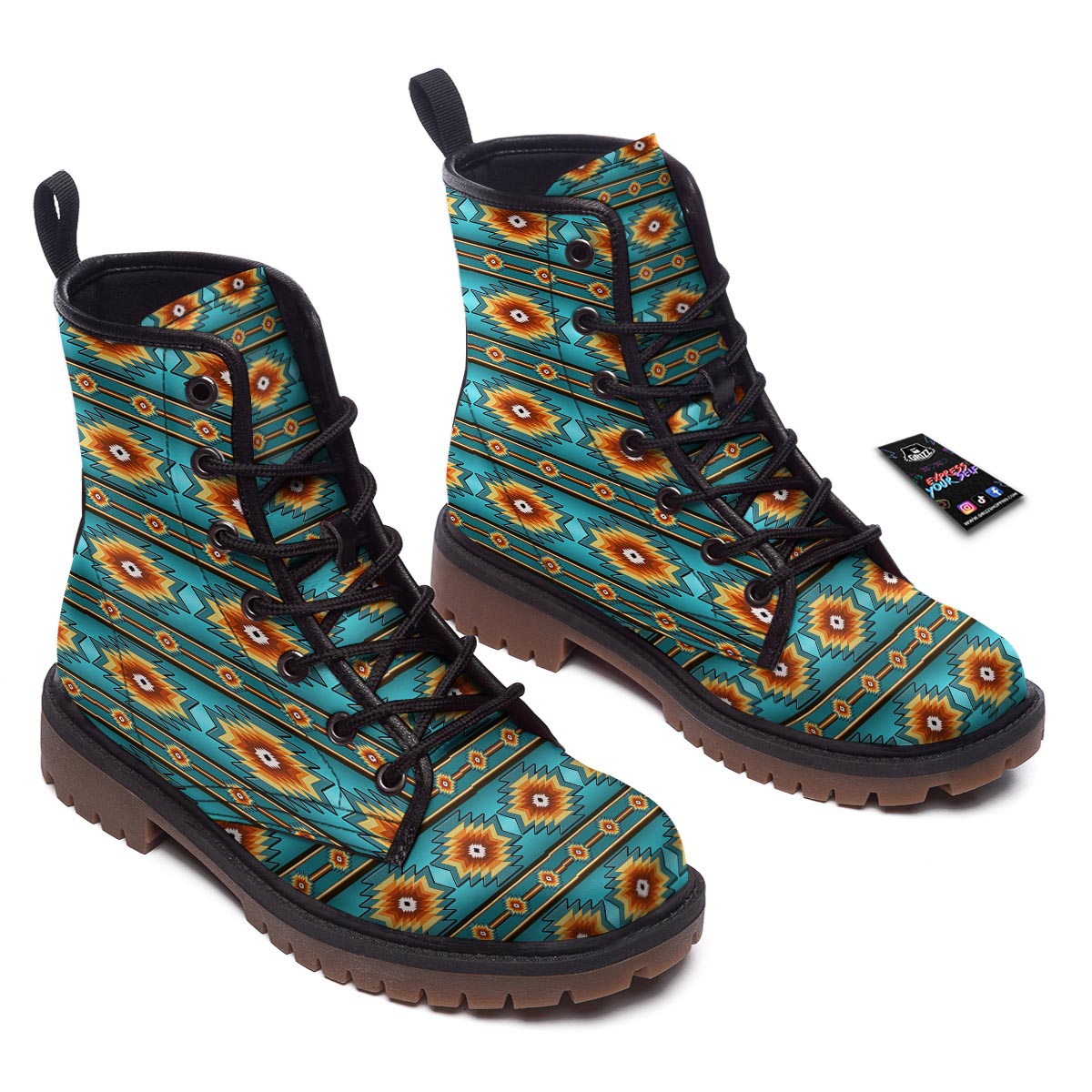 Navajo Teal Southwestern Print Pattern Work Boots-grizzshop