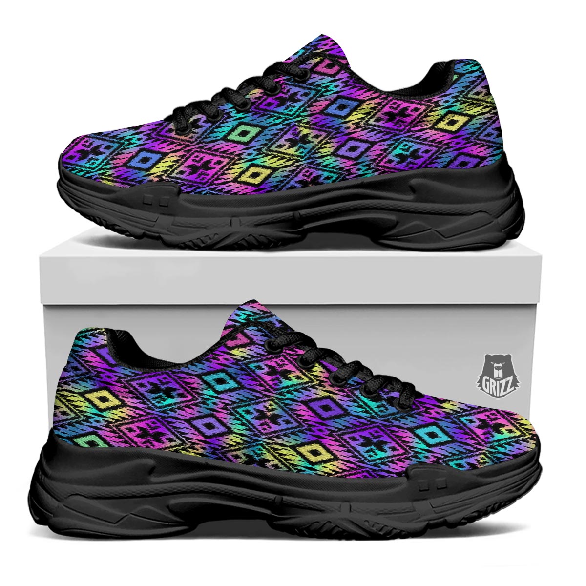 Navajo Triangle Ethnic Print Pattern Black Chunky Shoes-grizzshop