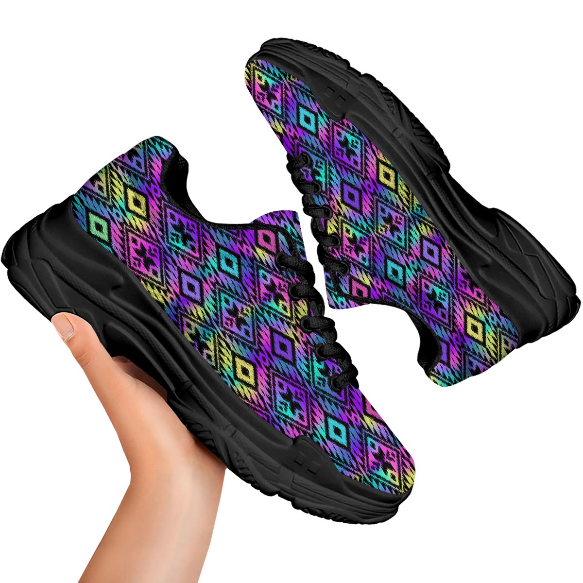 Navajo Triangle Ethnic Print Pattern Black Chunky Shoes-grizzshop