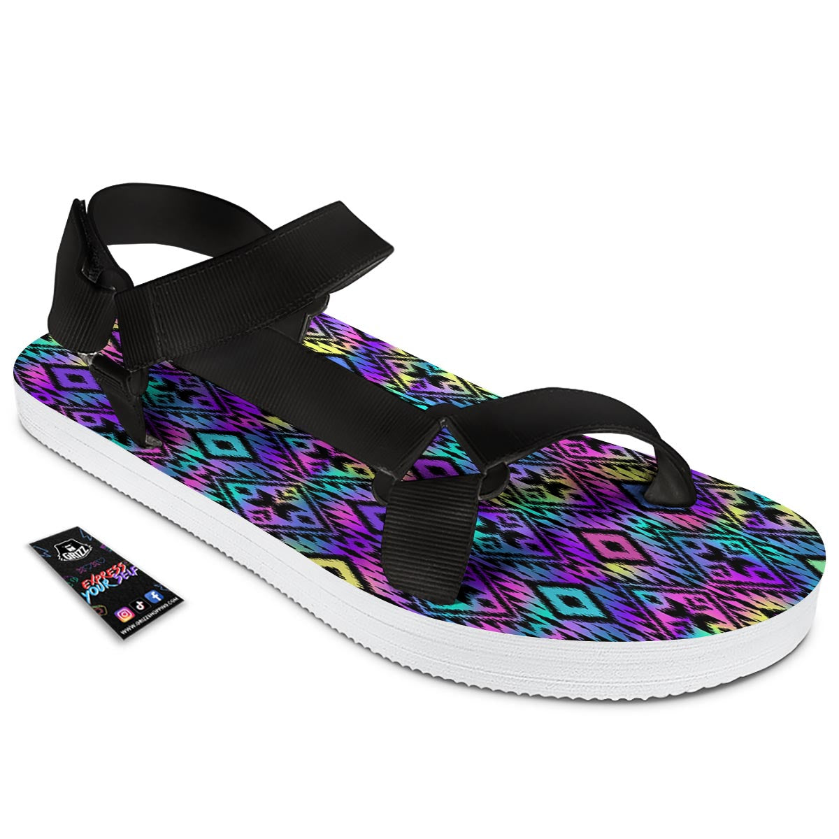 Navajo Triangle Ethnic Print Pattern Black Open Toe Sandals-grizzshop