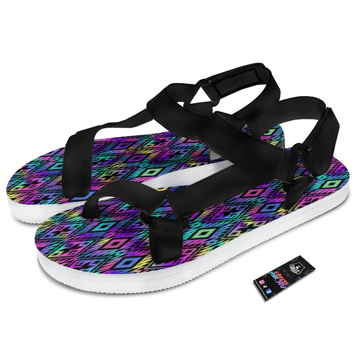 Navajo Triangle Ethnic Print Pattern Black Open Toe Sandals-grizzshop