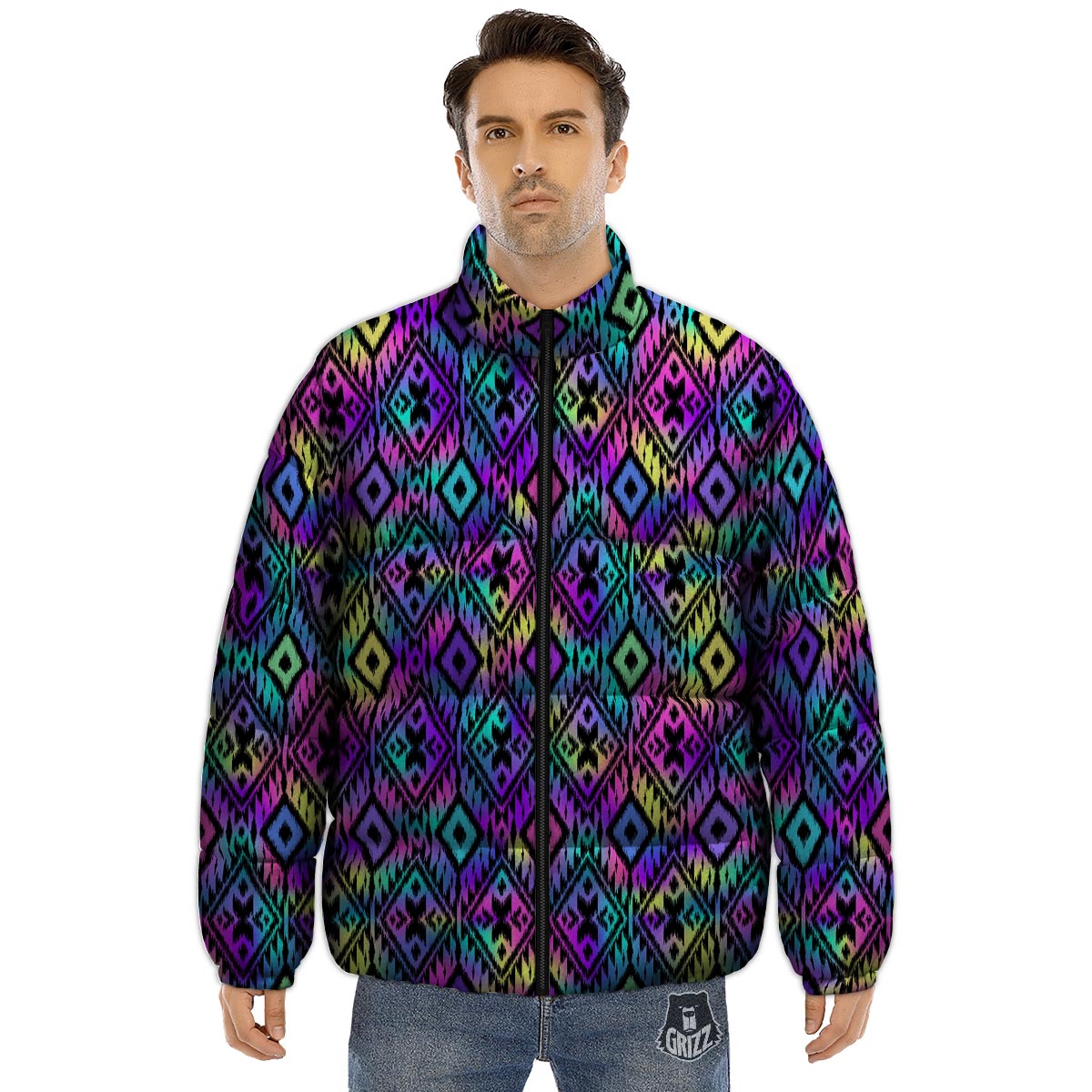 Navajo Triangle Ethnic Print Pattern Puffer Jacket-grizzshop
