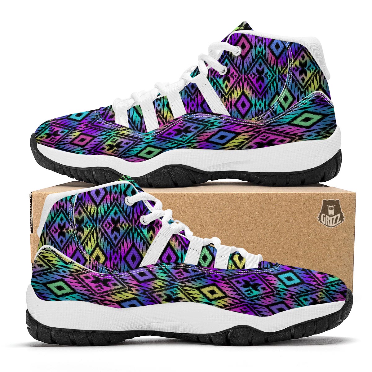 Navajo Triangle Ethnic Print Pattern White Bball Shoes-grizzshop