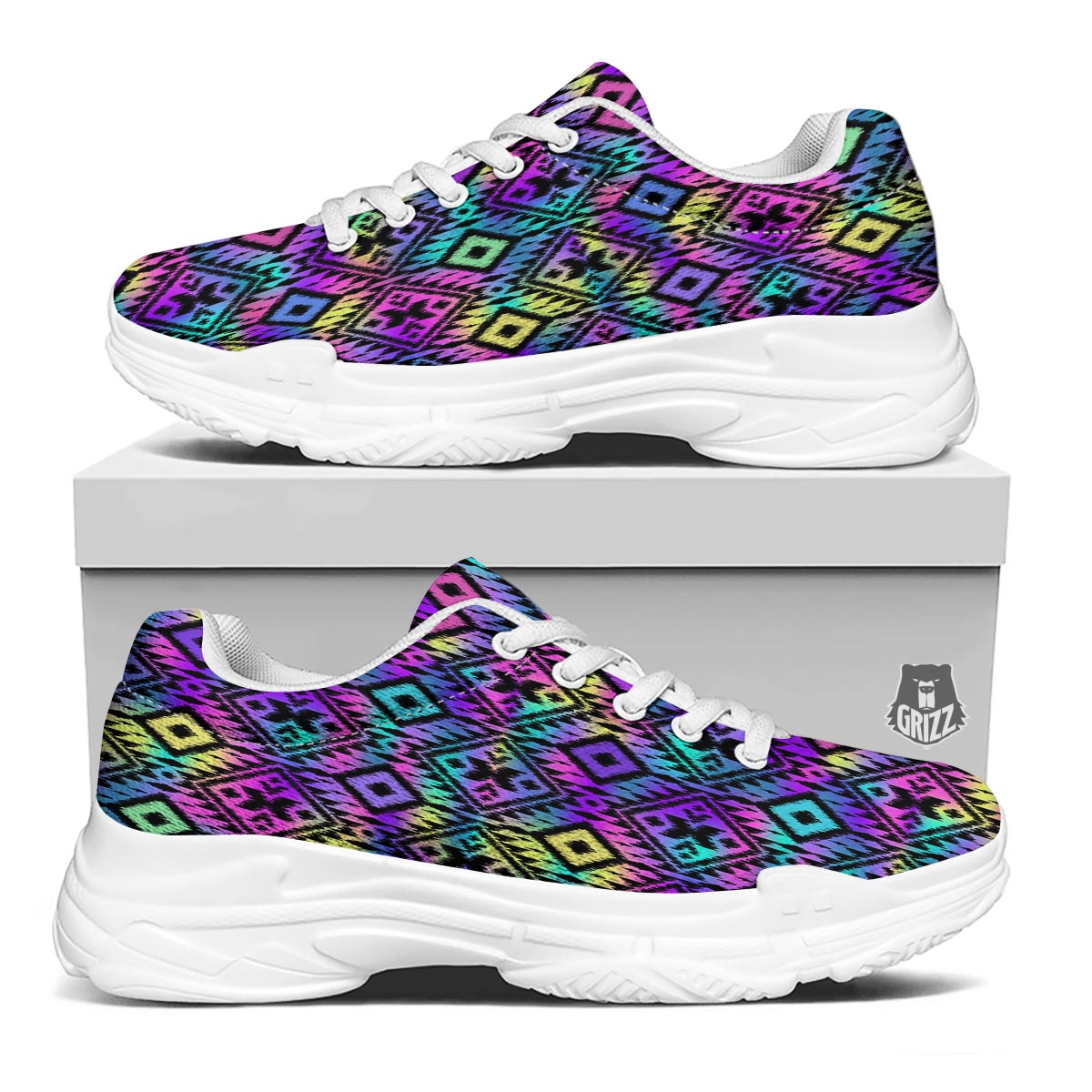 Navajo Triangle Ethnic Print Pattern White Chunky Shoes-grizzshop