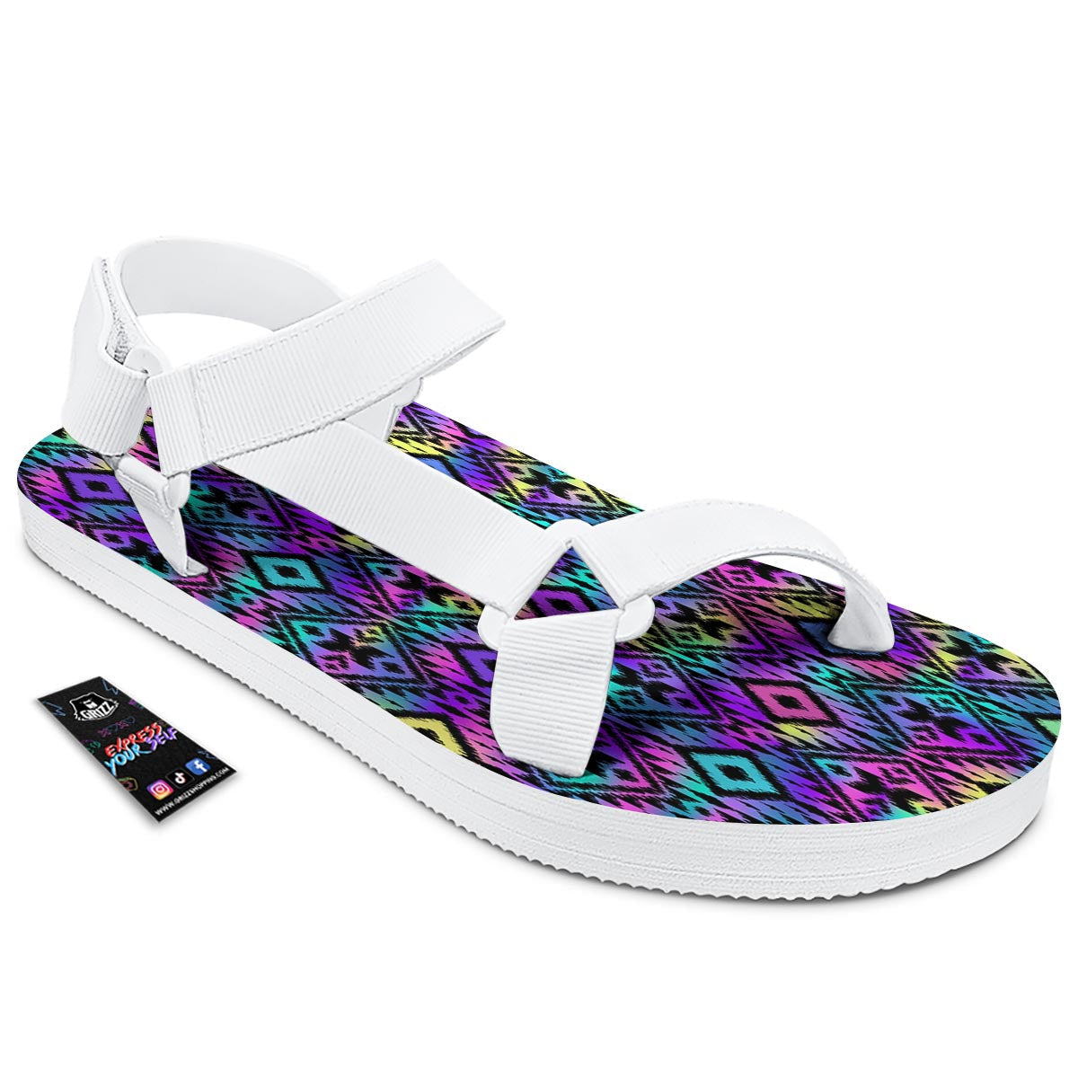 Navajo Triangle Ethnic Print Pattern White Open Toe Sandals-grizzshop