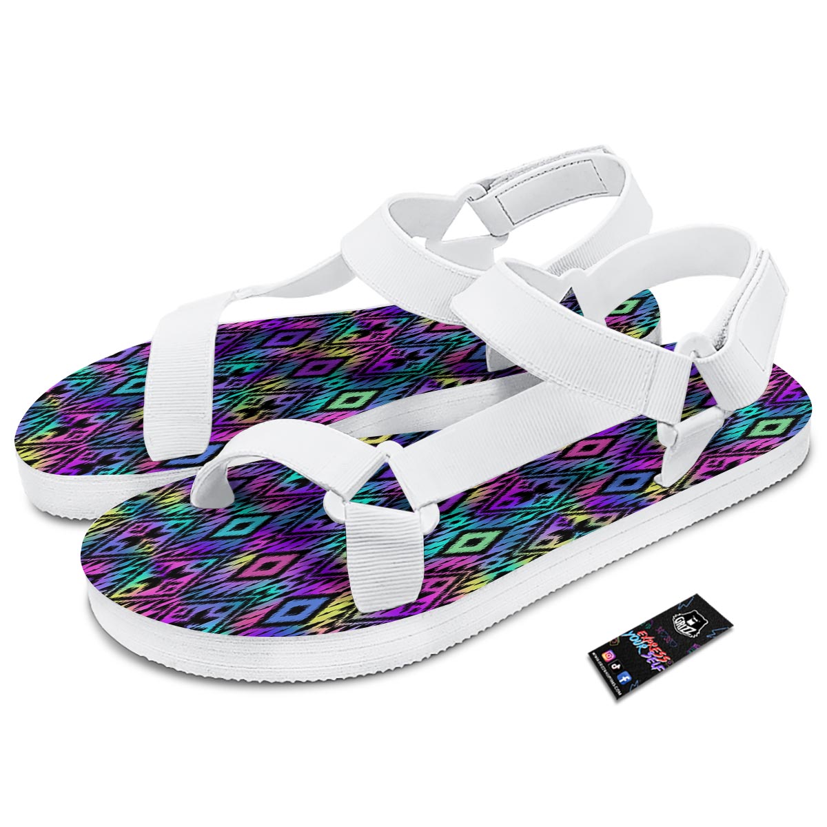 Navajo Triangle Ethnic Print Pattern White Open Toe Sandals-grizzshop