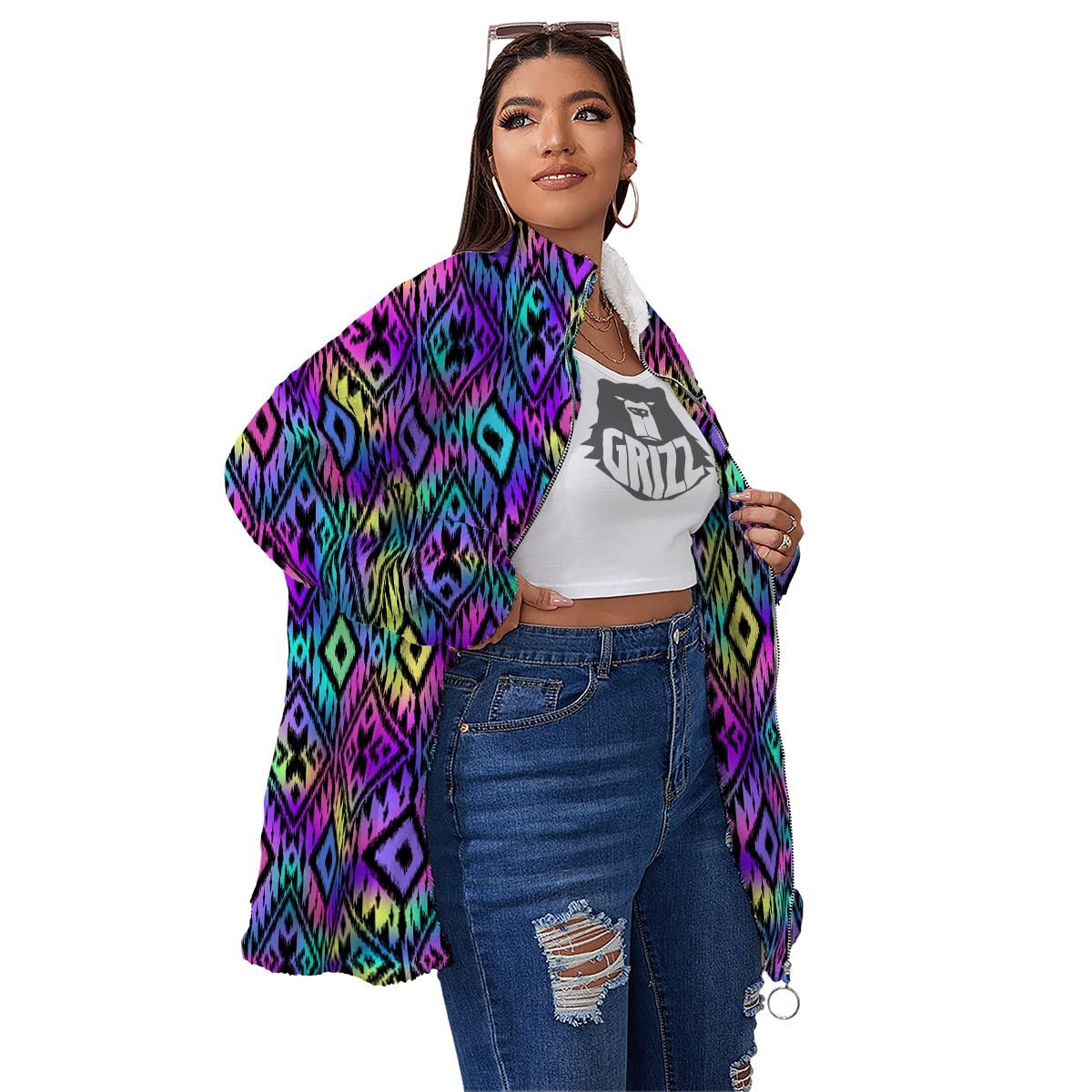 Navajo Triangle Ethnic Print Pattern Women's Sherpa Jacket-grizzshop