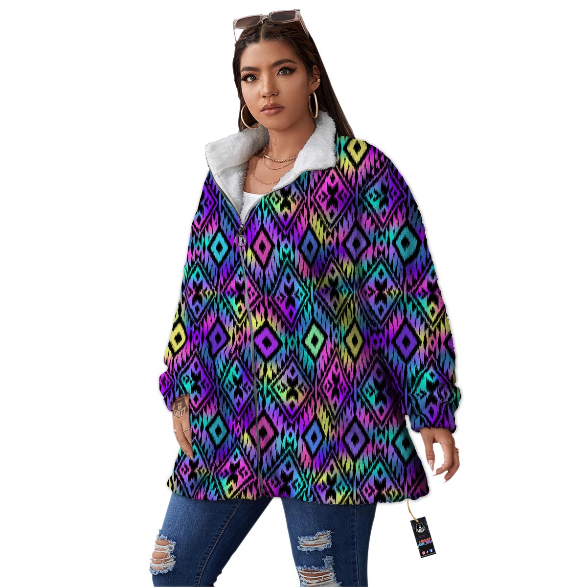 Navajo Triangle Ethnic Print Pattern Women's Sherpa Jacket-grizzshop