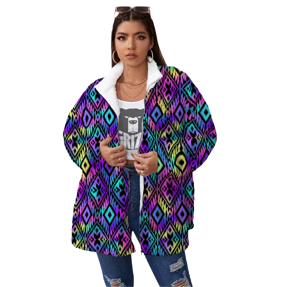 Navajo Triangle Ethnic Print Pattern Women's Sherpa Jacket-grizzshop