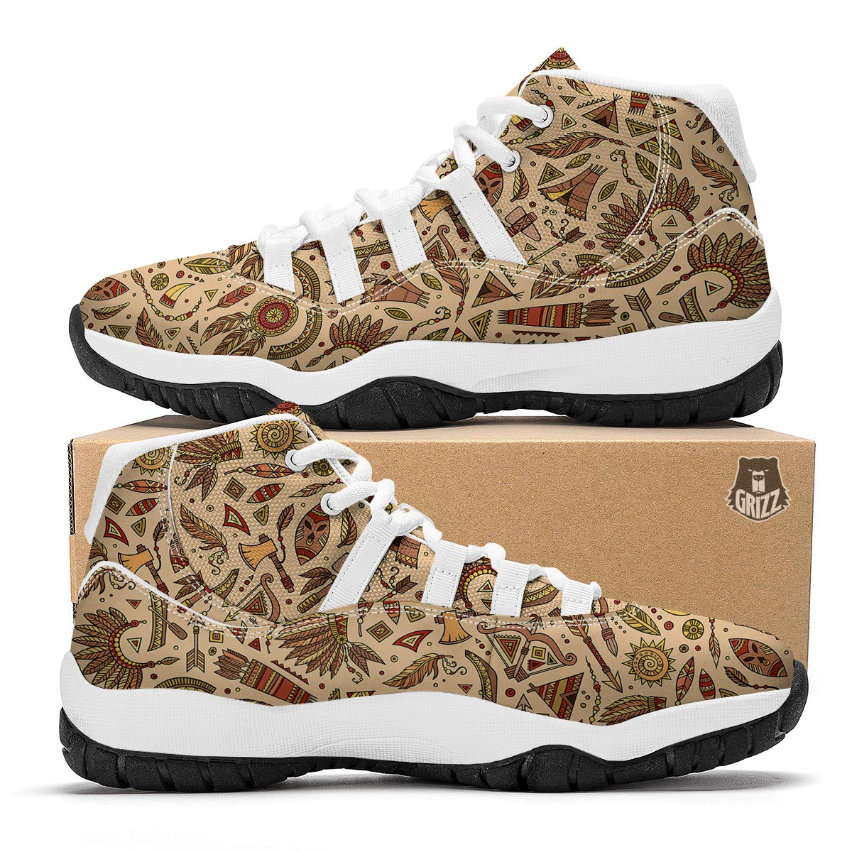 Navajo Tribal Aztec Native Indians American Print White Bball Shoes-grizzshop