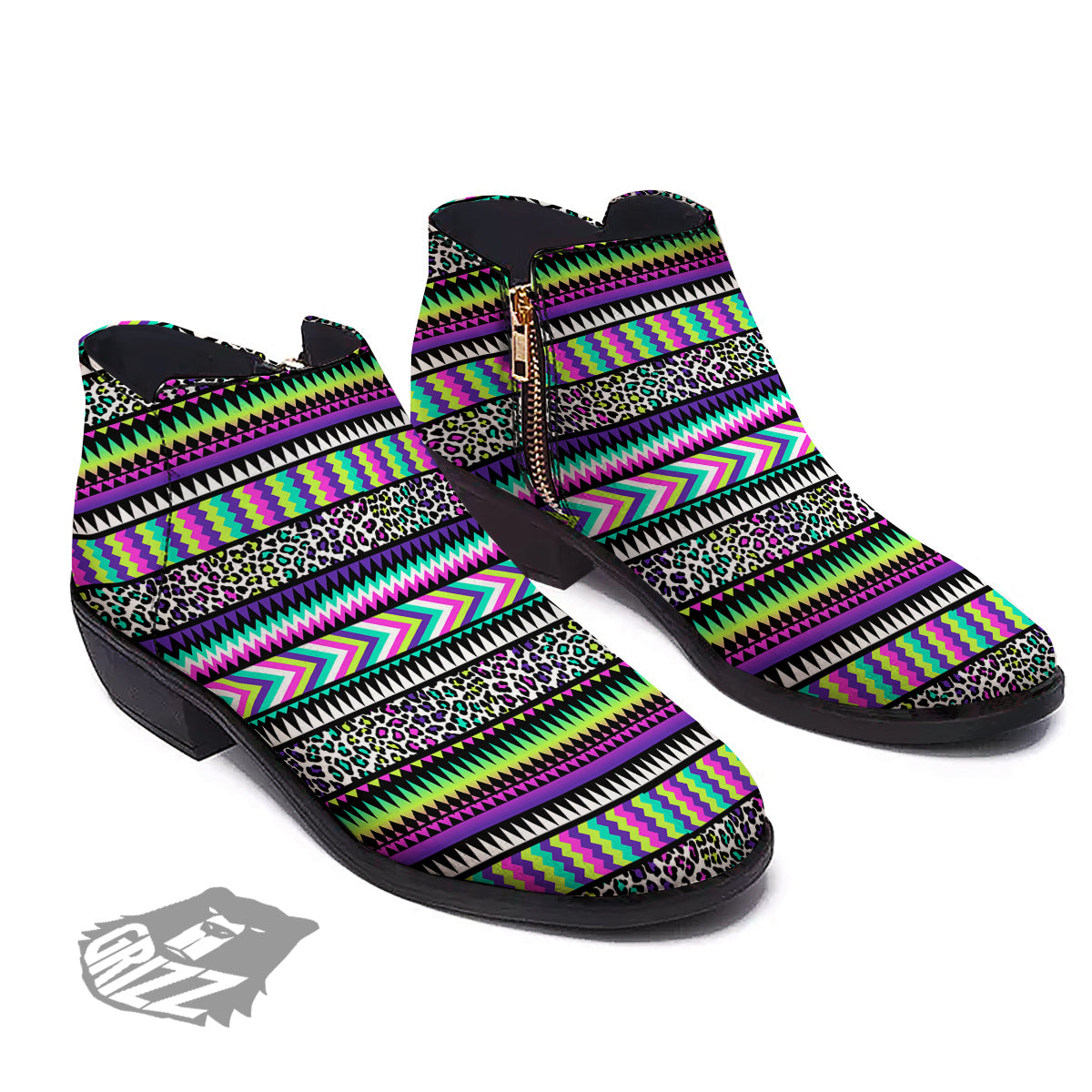 Navajo Tribal Colorful Leopard Print Ankle Boots-grizzshop