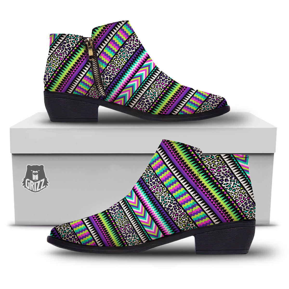Navajo Tribal Colorful Leopard Print Ankle Boots-grizzshop