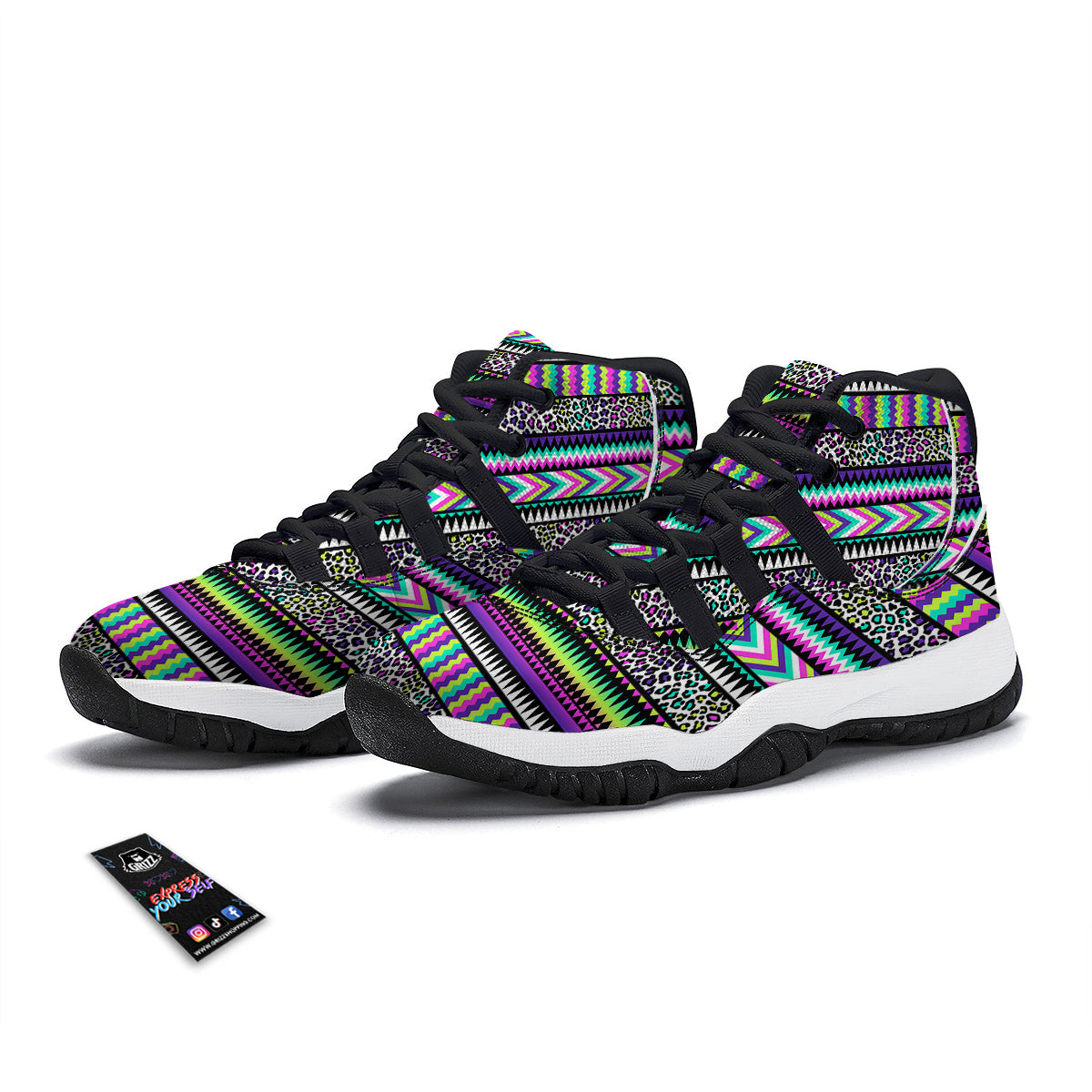Navajo Tribal Colorful Leopard Print Black Bball Shoes-grizzshop