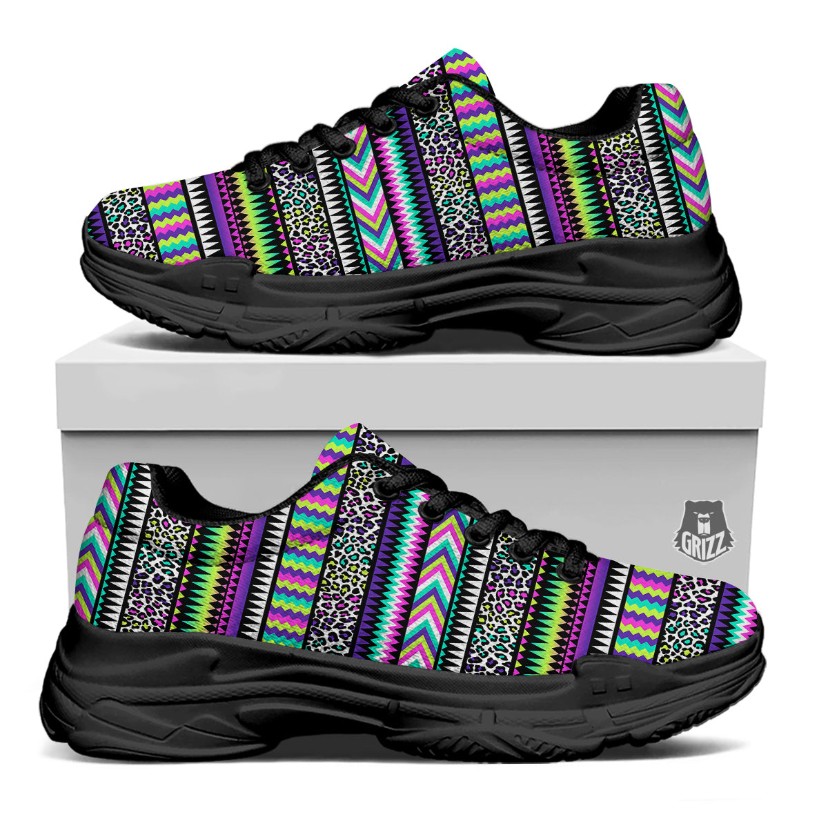 Navajo Tribal Colorful Leopard Print Black Chunky Shoes-grizzshop
