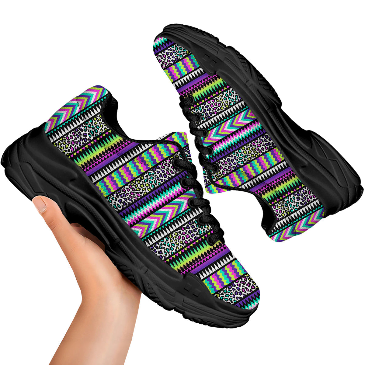 Navajo Tribal Colorful Leopard Print Black Chunky Shoes-grizzshop