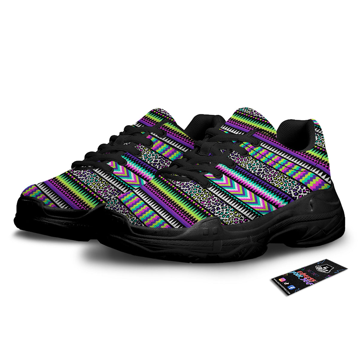 Navajo Tribal Colorful Leopard Print Black Chunky Shoes-grizzshop