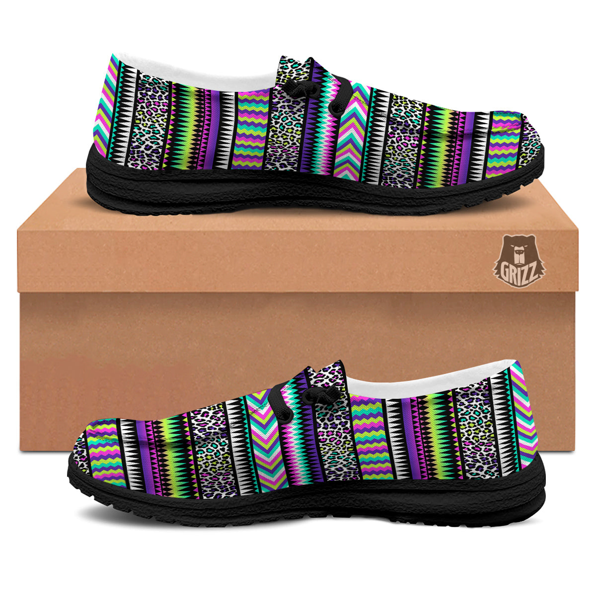 Navajo Tribal Colorful Leopard Print Black Loafers-grizzshop