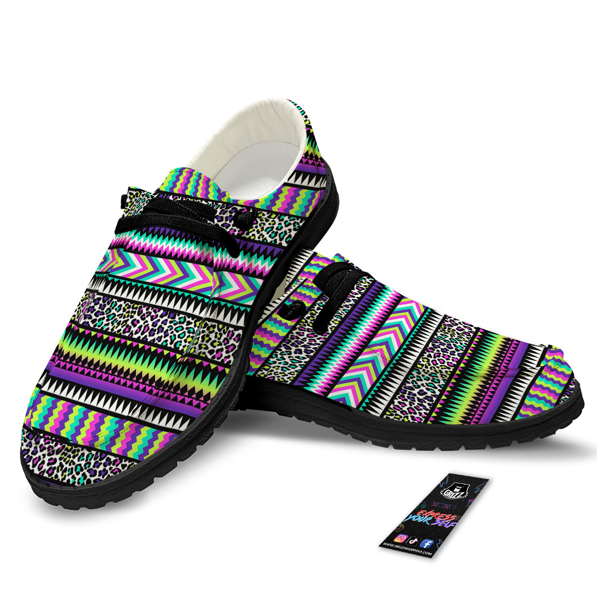 Navajo Tribal Colorful Leopard Print Black Loafers-grizzshop