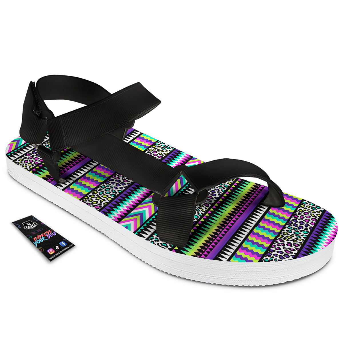 Navajo Tribal Colorful Leopard Print Black Open Toe Sandals-grizzshop