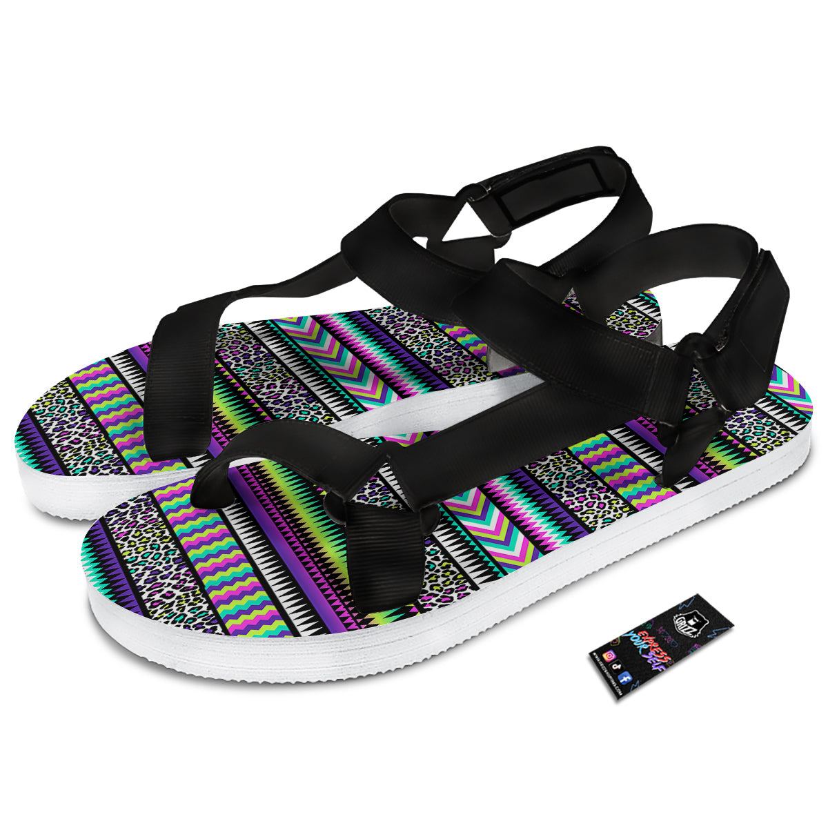 Navajo Tribal Colorful Leopard Print Black Open Toe Sandals-grizzshop