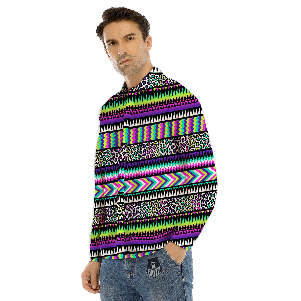 Navajo Tribal Colorful Leopard Print Men's Dress Shirts-grizzshop