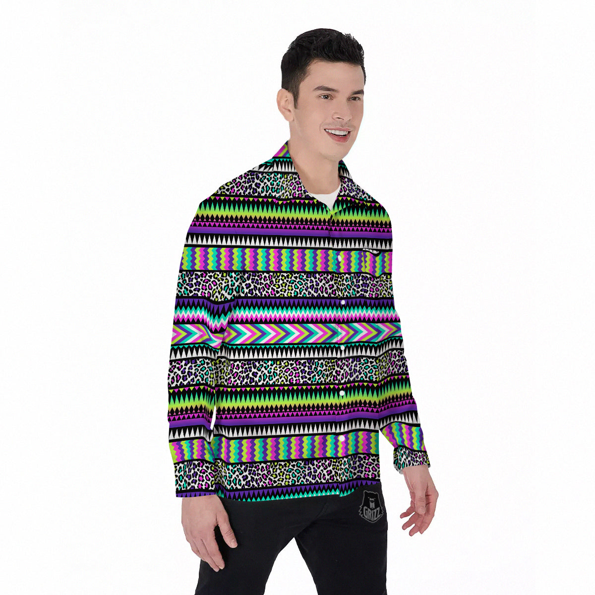 Navajo Tribal Colorful Leopard Print Men's Long Sleeve Shirts-grizzshop