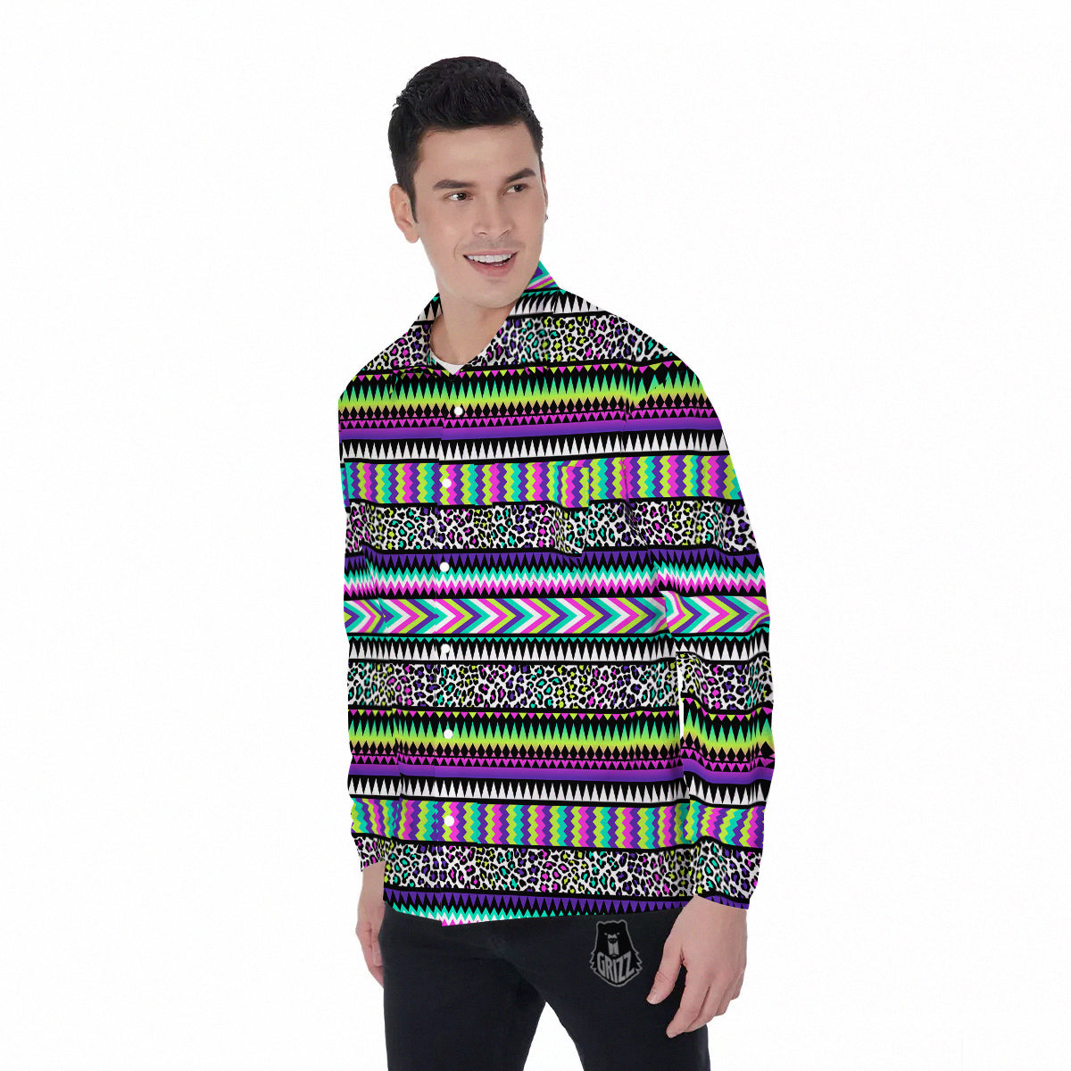 Navajo Tribal Colorful Leopard Print Men's Long Sleeve Shirts-grizzshop