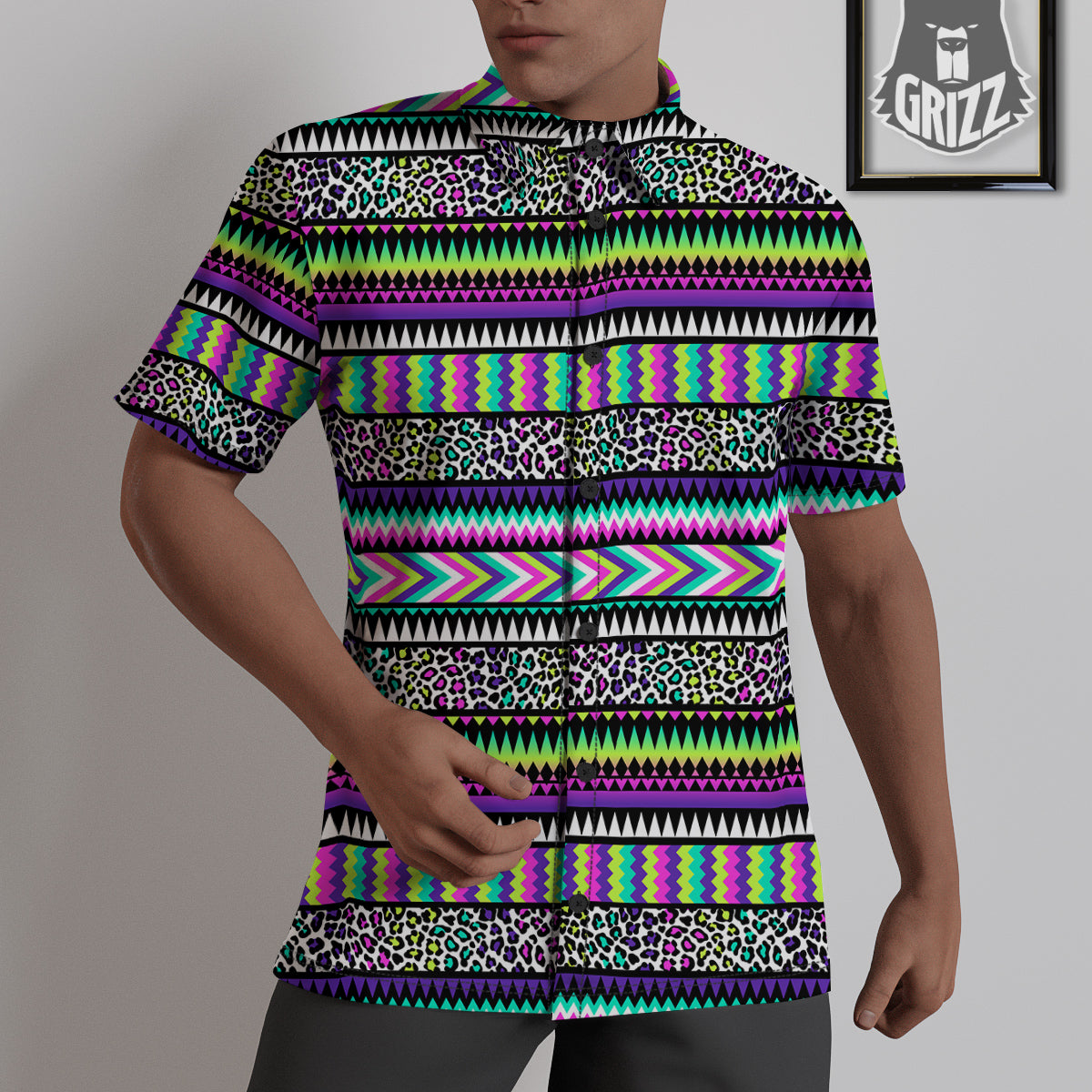 Navajo Tribal Colorful Leopard Print Untucked Shirts-grizzshop