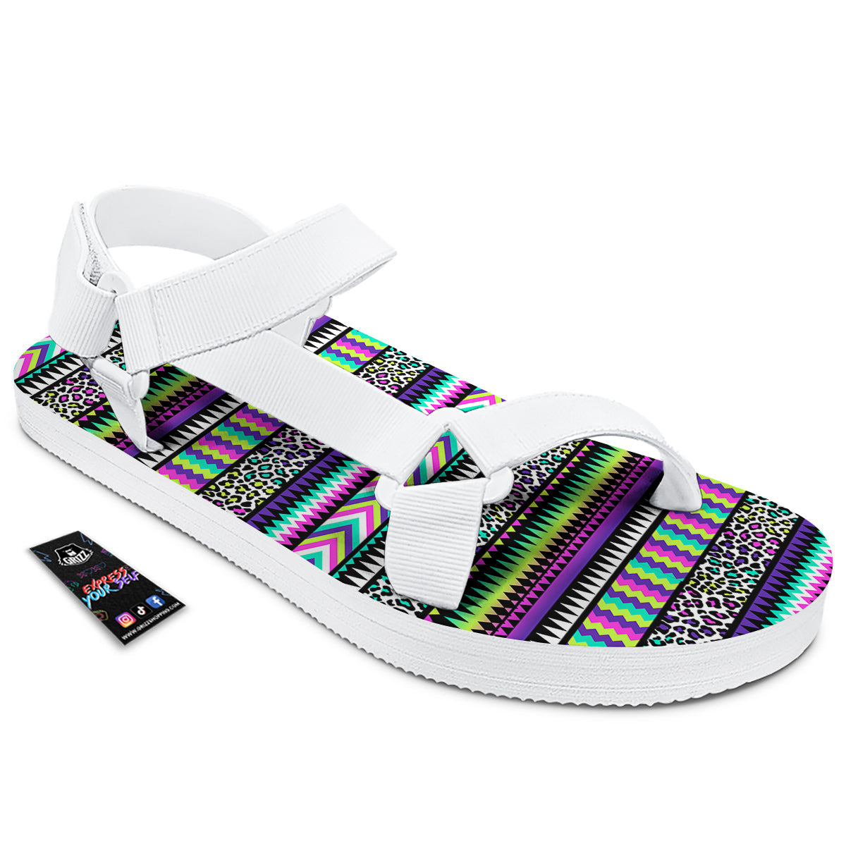Navajo Tribal Colorful Leopard Print White Open Toe Sandals-grizzshop