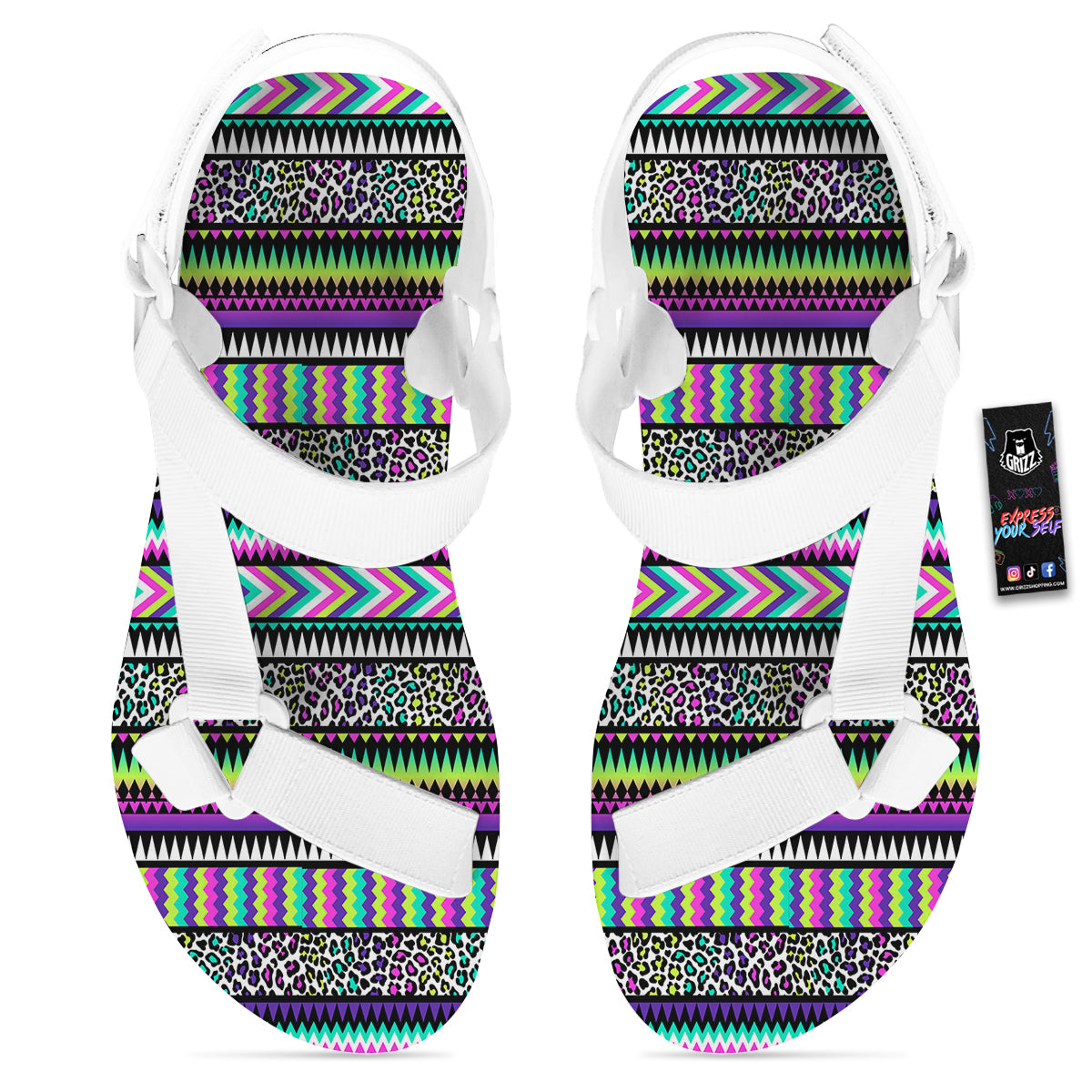Navajo Tribal Colorful Leopard Print White Open Toe Sandals-grizzshop