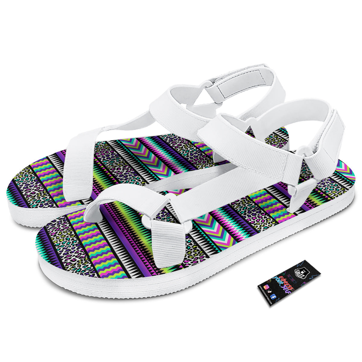 Navajo Tribal Colorful Leopard Print White Open Toe Sandals-grizzshop