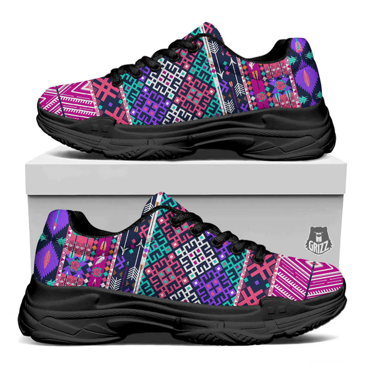 Navajo Tribal Colorful Native Print Black Chunky Shoes-grizzshop