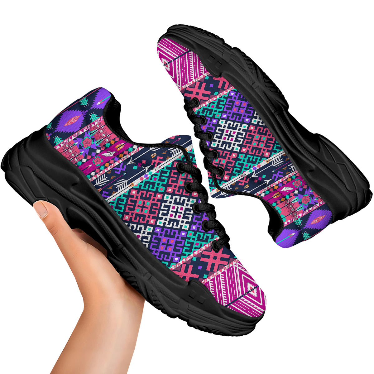 Navajo Tribal Colorful Native Print Black Chunky Shoes-grizzshop