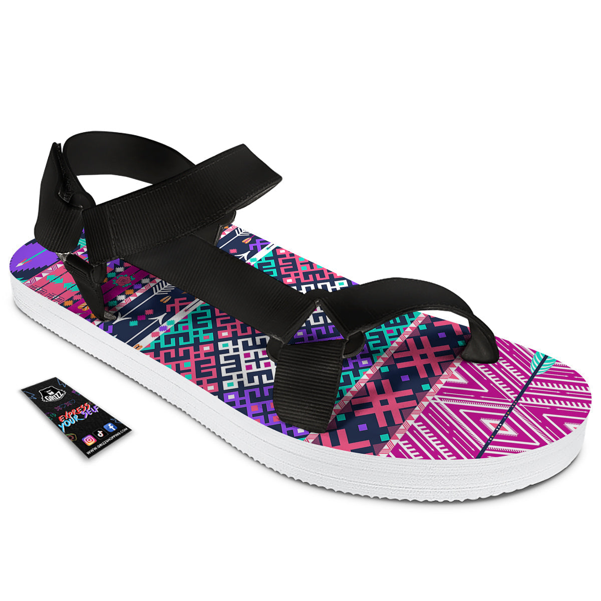 Navajo Tribal Colorful Native Print Black Open Toe Sandals-grizzshop